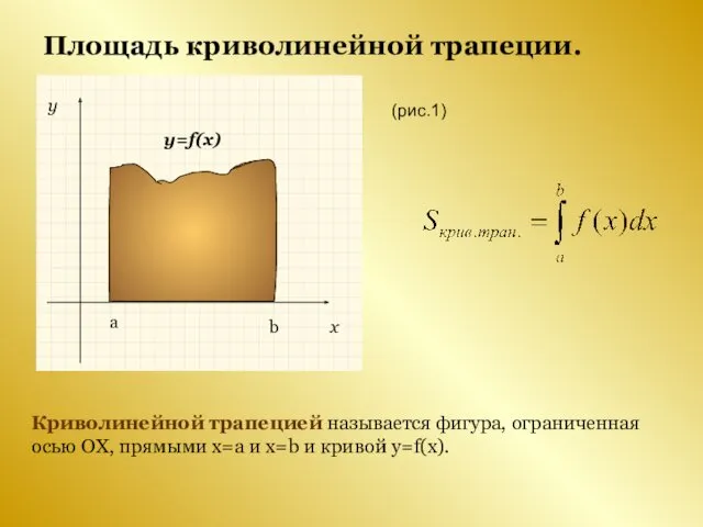Площадь криволинейной трапеции. Криволинейной трапецией называется фигура, ограниченная осью ОХ,