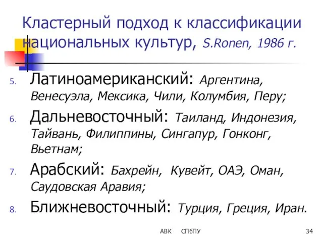 АВК СПбПУ Кластерный подход к классификации национальных культур, S.Ronen, 1986