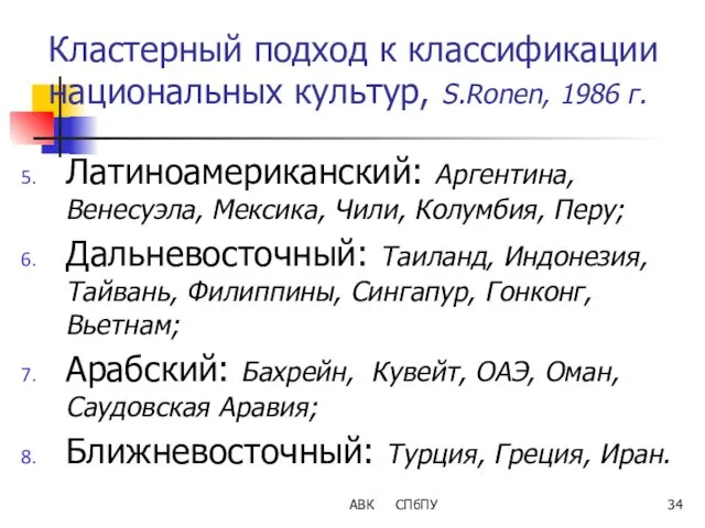 АВК СПбПУ Кластерный подход к классификации национальных культур, S.Ronen, 1986 г. Латиноамериканский: Аргентина,