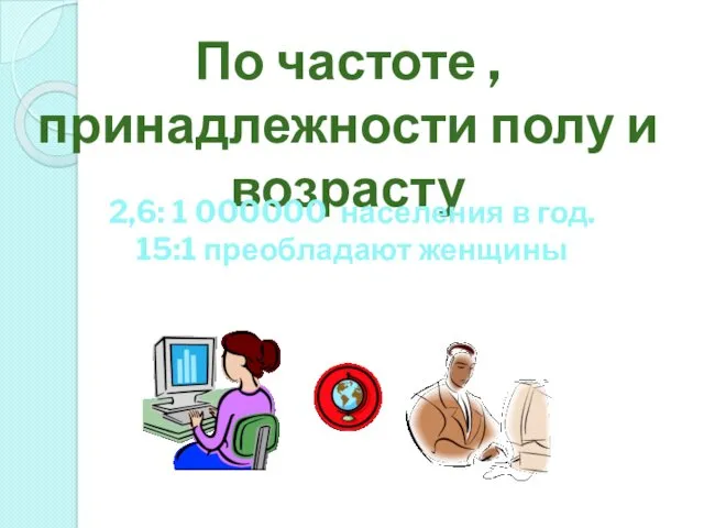 По частоте , принадлежности полу и возрасту 2,6: 1 000000 населения в год. 15:1 преобладают женщины