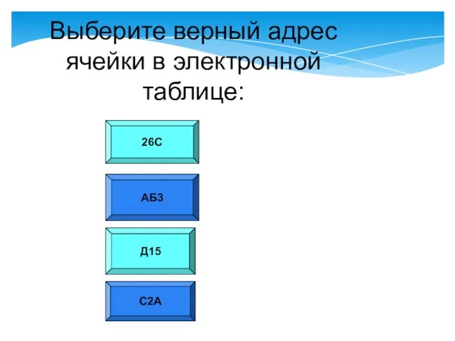 26С Д15 АБ3 Выберите верный адрес ячейки в электронной таблице: С2А