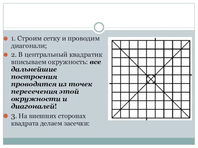 1. Строим сетку и проводим диагонали; 2. В центральный квадратик