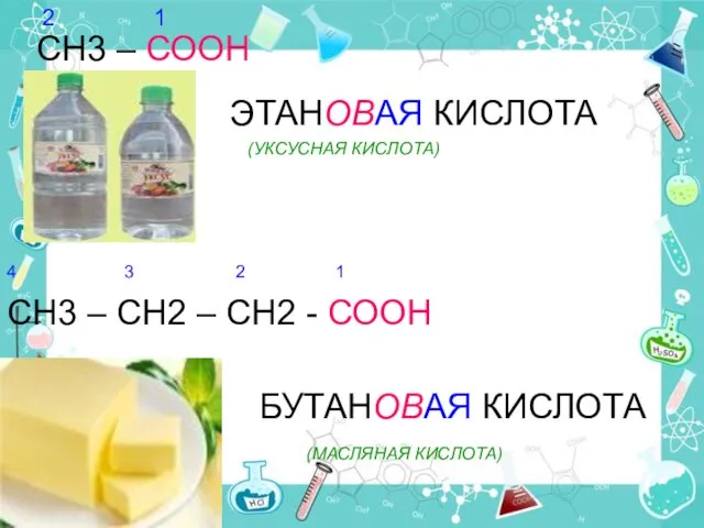 СН3 – СООН 1 2 ЭТАНОВАЯ КИСЛОТА (УКСУСНАЯ КИСЛОТА) СН3