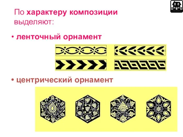По характеру композиции выделяют: ленточный орнамент центрический орнамент