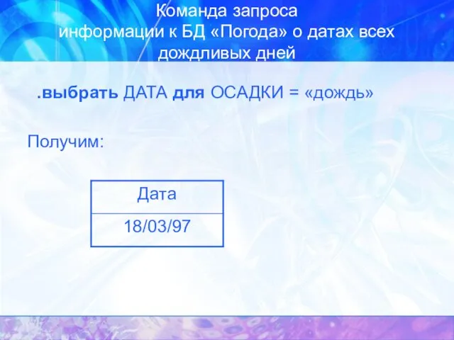 Команда запроса информации к БД «Погода» о датах всех дождливых