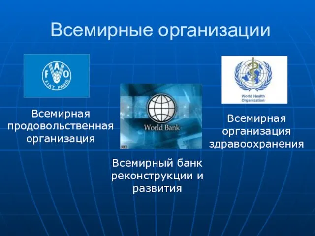 Всемирные организации Всемирная продовольственная организация Всемирный банк реконструкции и развития Всемирная организация здравоохранения