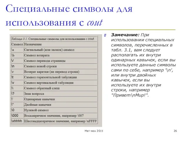 Специальные символы для использования с cout Замечание: При использовании специальных