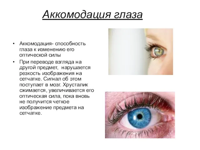 Аккомодация глаза Аккомодация- способность глаза к изменению его оптической силы