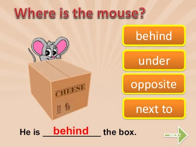 opposite behind next to under He is ____________ the box. behind NEXT