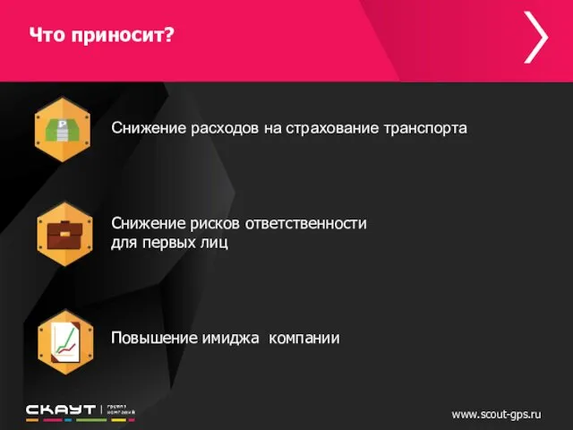 www.scout-gps.ru Снижение расходов на страхование транспорта Снижение рисков ответственности для