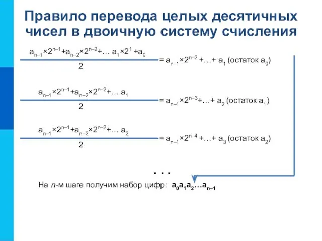 Правило перевода целых десятичных чисел в двоичную систему счисления an–1×2n–1+an–2×2n–2+…