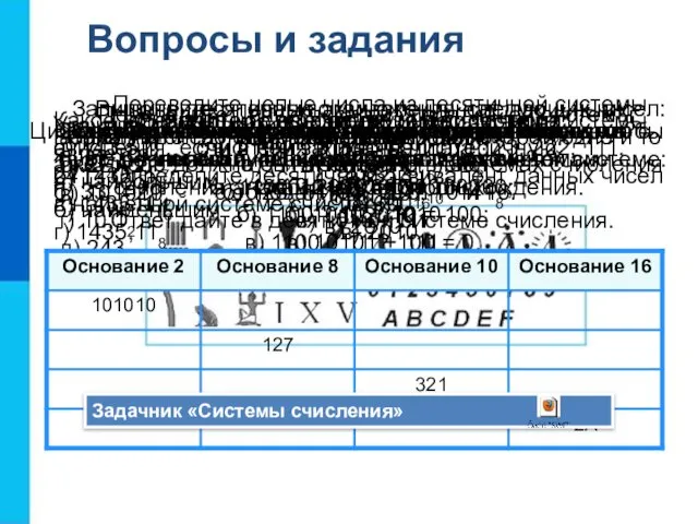 Вопросы и задания Чем различаются унарные, позиционные и непозиционные системы