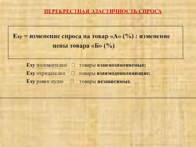 ПЕРЕКРЕСТНАЯ ЭЛАСТИЧНОСТЬ СПРОСА Еху = изменение спроса на товар «А»