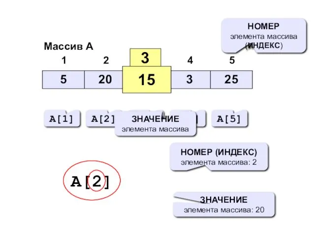 Массив A 3 15 НОМЕР элемента массива (ИНДЕКС) A[1] A[2]