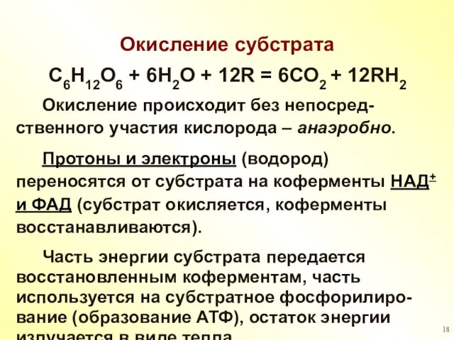 Окисление субстрата С6Н12О6 + 6Н2О + 12R = 6СО2 + 12RН2 Окисление происходит