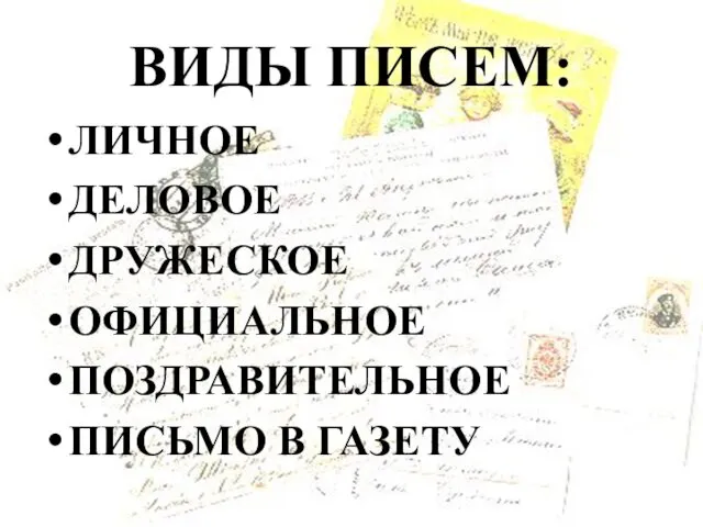 ВИДЫ ПИСЕМ: ЛИЧНОЕ ДЕЛОВОЕ ДРУЖЕСКОЕ ОФИЦИАЛЬНОЕ ПОЗДРАВИТЕЛЬНОЕ ПИСЬМО В ГАЗЕТУ