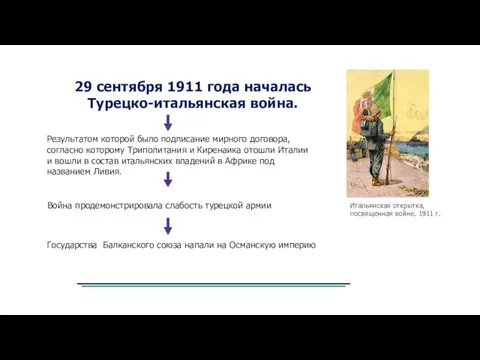 29 сентября 1911 года началась Турецко-итальянская война. Результатом которой было подписание мирного договора,