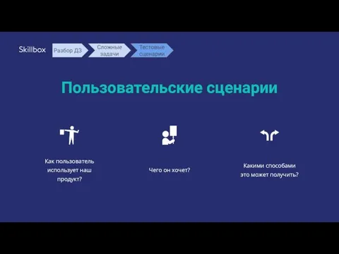 Пользовательские сценарии Как пользователь использует наш продукт? Чего он хочет?