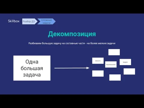 Декомпозиция Одна большая задача много маленьких задач Разбиваем большую задачу