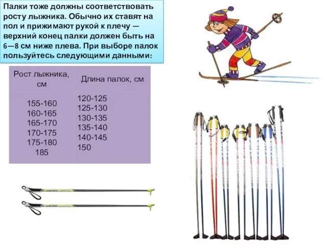 Палки тоже должны соответствовать росту лыжника. Обычно их ставят на