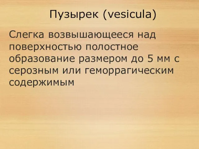 Пузырек (vesicula) Слегка возвышающееся над поверхностью полостное образование размером до