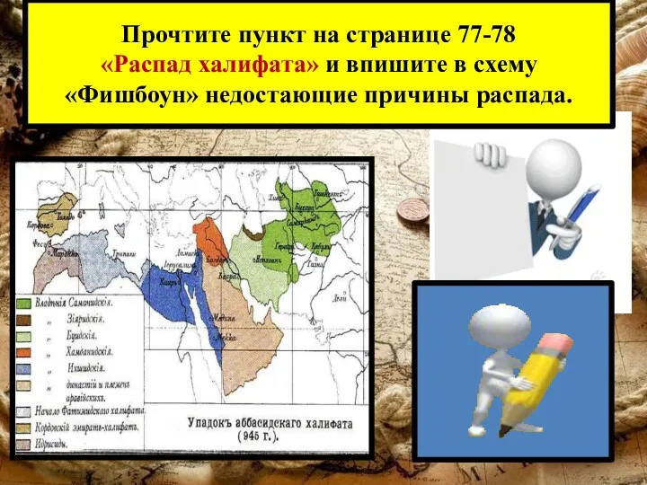 Прочтите пункт на странице 77-78 «Распад халифата» и впишите в схему «Фишбоун» недостающие причины распада.