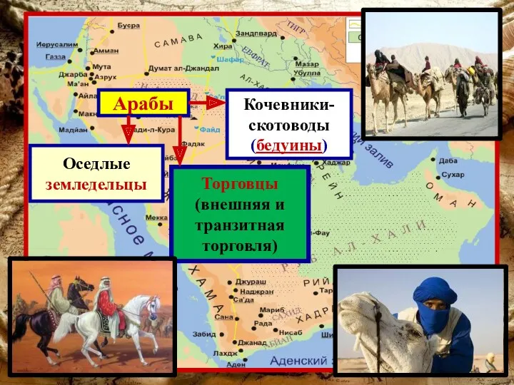 Арабы Оседлые земледельцы Кочевники- скотоводы (бедуины) Торговцы (внешняя и транзитная торговля)