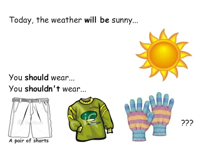 Today, the weather will be sunny... You should wear... You