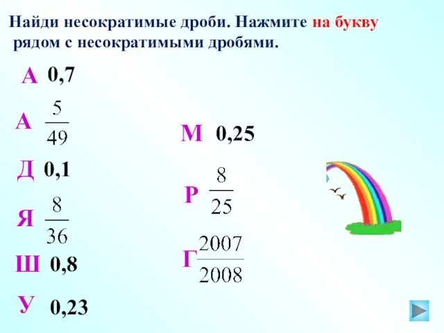 Найди несократимые дроби. Нажмите на букву рядом с несократимыми дробями.