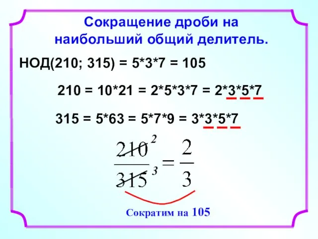 Сокращение дроби на наибольший общий делитель. 2 3 НОД(210; 315)