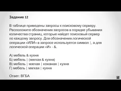 В таблице приведены запросы к поисковому серверу. Расположите обозначения запросов