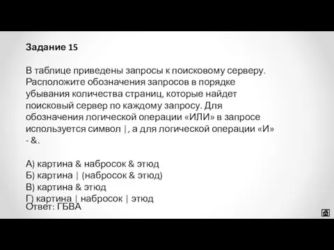 В таблице приведены запросы к поисковому серверу. Расположите обозначения запросов