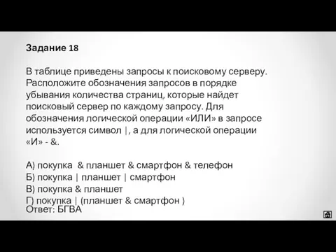 В таблице приведены запросы к поисковому серверу. Расположите обозначения запросов