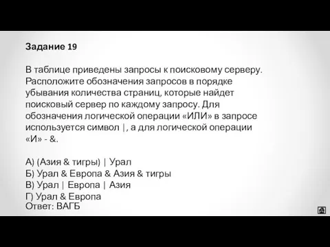 В таблице приведены запросы к поисковому серверу. Расположите обозначения запросов