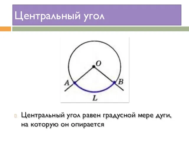 Центральный угол Центральный угол равен градусной мере дуги, на которую он опирается