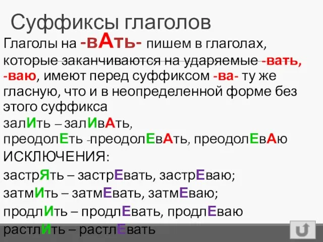 Суффиксы глаголов Глаголы на -вАть- пишем в глаголах, которые заканчиваются