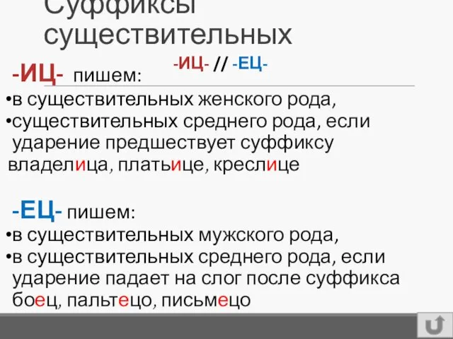 Суффиксы существительных -ИЦ- пишем: в существительных женского рода, существительных среднего