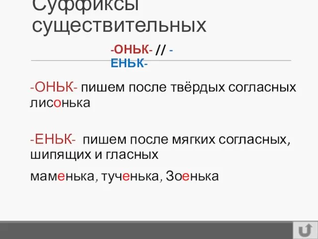 Суффиксы существительных -ОНЬК- пишем после твёрдых согласных лисонька -ЕНЬК- пишем