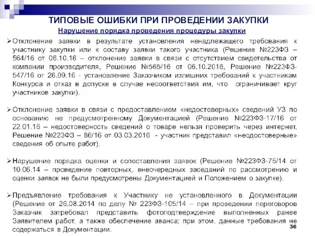 ТИПОВЫЕ ОШИБКИ ПРИ ПРОВЕДЕНИИ ЗАКУПКИ Нарушение порядка проведения процедуры закупки