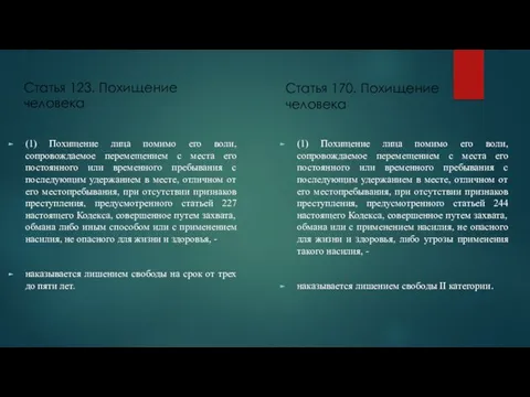 Статья 123. Похищение человека (1) Похищение лица помимо его воли,