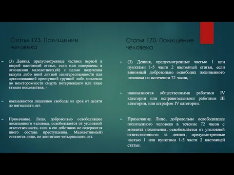 Статья 123. Похищение человека (3) Деяния, предусмотренные частями первой и