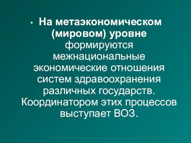 На метаэкономическом (мировом) уровне формируются межнациональные экономические отношения систем здравоохранения