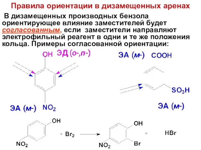 Правила ориентации в дизамещенных аренах В дизамещенных производных бензола ориентирующее