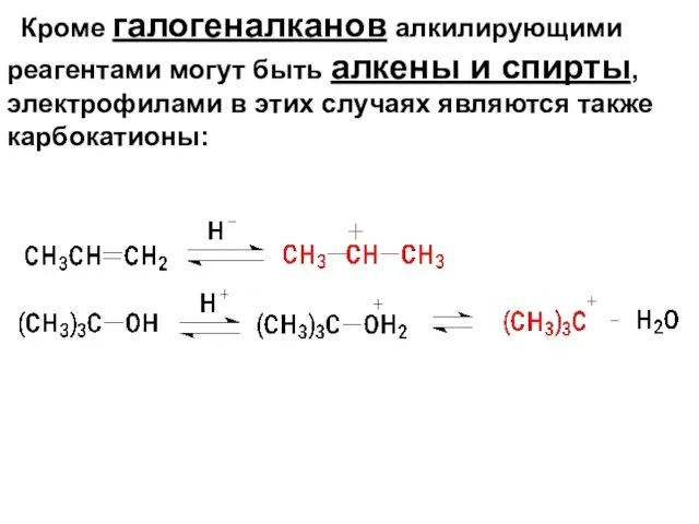 Кроме галогеналканов алкилирующими реагентами могут быть алкены и спирты, электрофилами в этих случаях являются также карбокатионы: