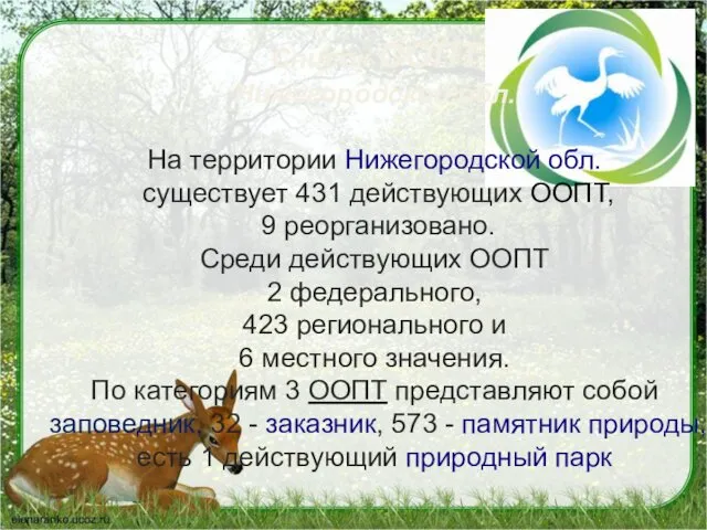 Список ООПТ Нижегородской обл. На территории Нижегородской обл. существует 431 действующих ООПТ, 9