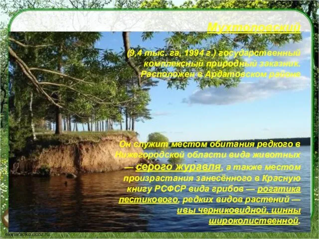 Заказник Мухтоловский (9,4 тыс. га, 1994 г.) государственный комплексный природный заказник. Расположен в