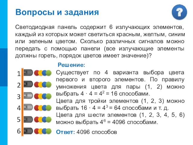 Вопросы и задания Светодиодная панель содержит 6 излучающих элементов, каждый