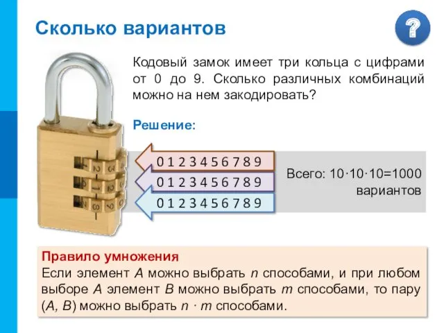 КОМБИНАТОРИКА Всего: 10 вариантов Всего: 10·10=100 вариантов Всего: 10·10·10=1000 вариантов