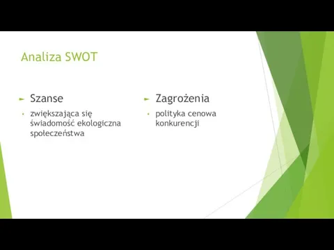 Analiza SWOT Szanse zwiększająca się świadomość ekologiczna społeczeństwa Zagrożenia polityka cenowa konkurencji