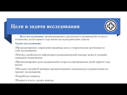 Цели и задачи исследования Цель исследования: проанализировать деятельность медицинской сестры